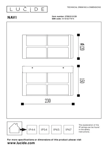 Lucide NAVI - Applique murale Intérieur/Extérieur - 1xE27 - IP54 - Anthracite - TECHNISCH